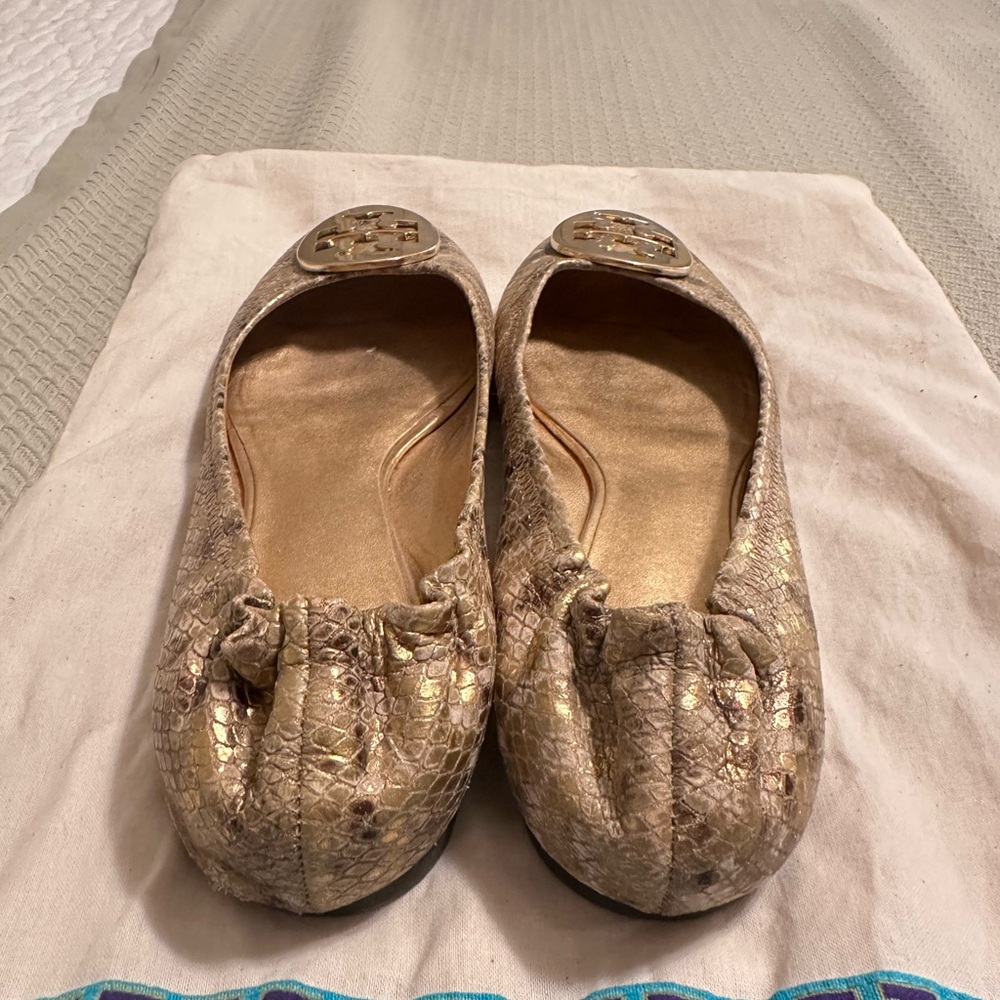 Tory Burch Gold Python Ballet Flats - Picture 3 of 7